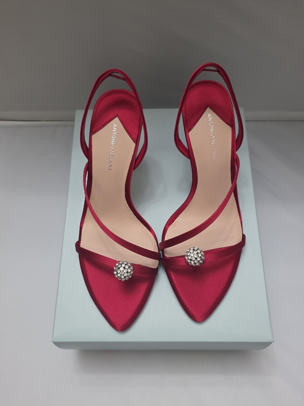ANTONIO MELANI Red Satin Pointed Slingback Heels with Crystal Cluster